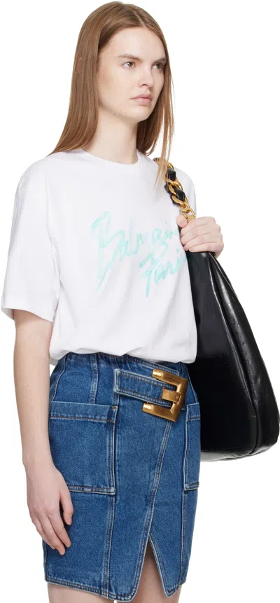 Balmain White Boxy ' Paris' Brush Print T-shirt In White