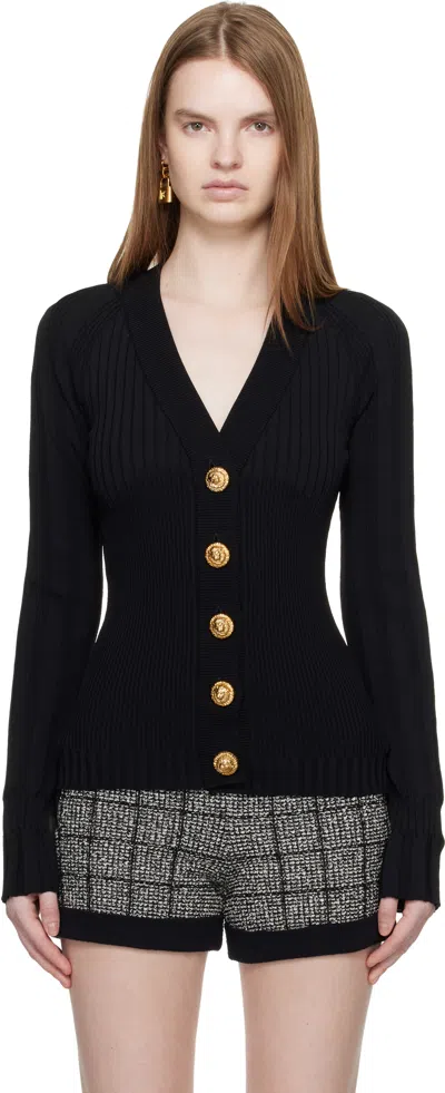 Balmain Black Buttoned V-neck Light Knit Cardigan In Black