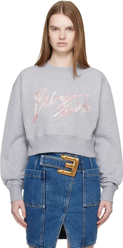 Balmain Gray Cropped Printed Cotton Sweatshirt In Gray