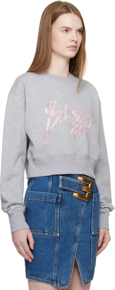 Balmain Gray Cropped Printed Cotton Sweatshirt In Gray