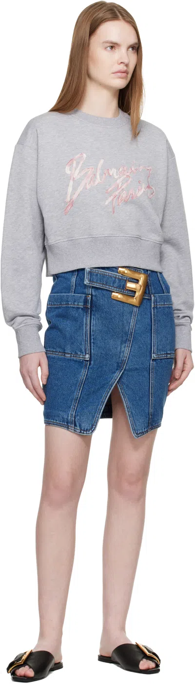Balmain Gray Cropped Printed Cotton Sweatshirt In Gray