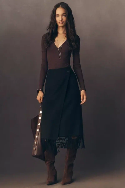 Rails Oliver Fringed Wrap Wool-blend Midi Skirt In Black