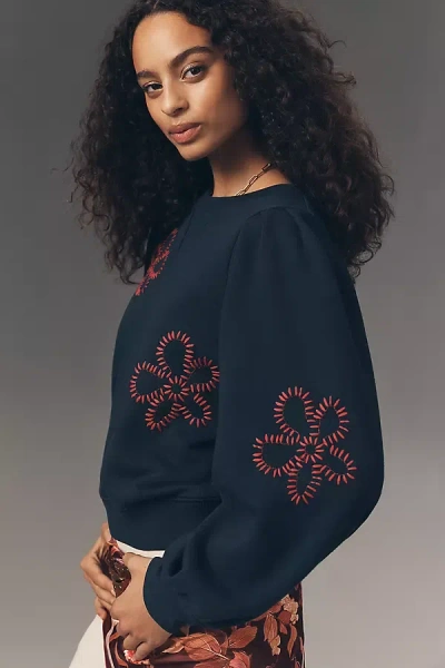 Rails Tiffany Floral Embroidered Balloon Sleeve Cotton Sweatshirt In Blue