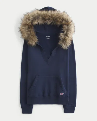 Hollister Faux Fur Trim V-neck Hoodie In Blue