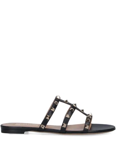 Valentino Rockstud Slide Sandal In Laminated Nappa With Cabochon In Black