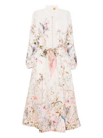 Zimmermann Rebellion Multicolor Midi Dress With Bow Detail On The Front And All-over Floral Print In Linen Woma