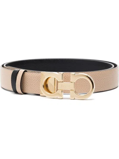 Ferragamo Gancini Belt With Double Reversible Buckle In Neutral