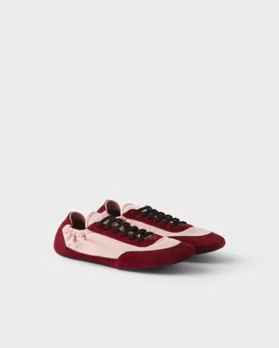 Prada Renylon Suede Collapse Sneakers Contrast Panels In Burgundy