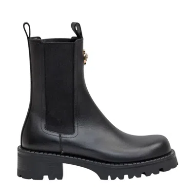 Versace La Medusa Embossed Logo Black Leather Boots In Black