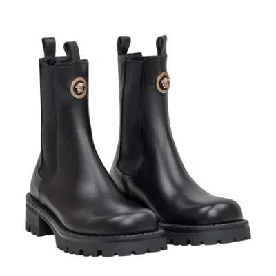 Versace La Medusa Embossed Logo Black Leather Boots In Black
