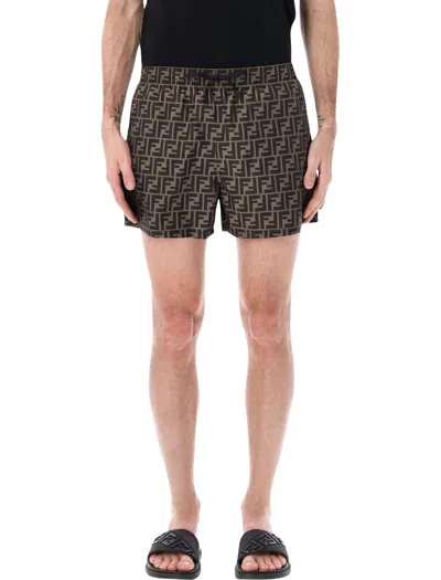 Fendi Tech Fabric With All-over Ff Pattern Swim Shorts In Brown