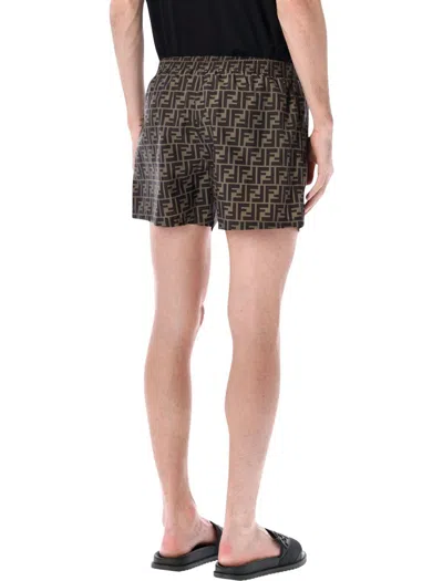 Fendi Tech Fabric With All-over Ff Pattern Swim Shorts In Brown
