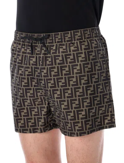 Fendi Tech Fabric With All-over Ff Pattern Swim Shorts In Brown