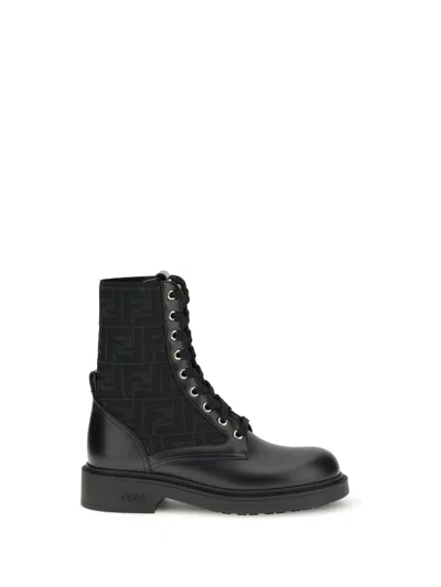 Fendi Black Calf Leather Bos Taurus Lace-up Boots In Multi