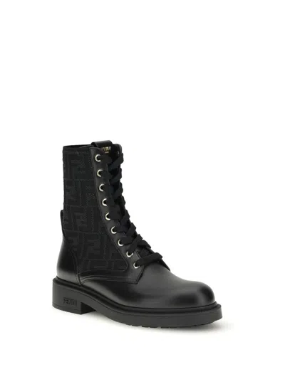 Fendi Black Calf Leather Bos Taurus Lace-up Boots In Multi
