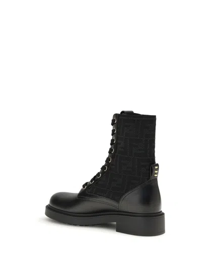 Fendi Black Calf Leather Bos Taurus Lace-up Boots In Multi