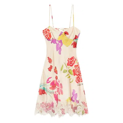 Donde Esteban Flores Lace-trimmed Floral-print Silk-blend Satin Mini Dress In Multi