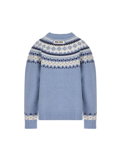 Miu Miu Virgin Wool Crewneck Knitwear In Blue