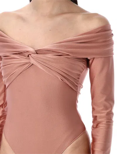 The Andamane Stretch Off-shoulder Draped Bodysuit In Multi