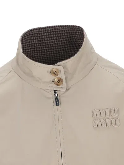 Miu Miu Reversible Houndstooth Check And Panama Cotton Blouson Jacket In Brown