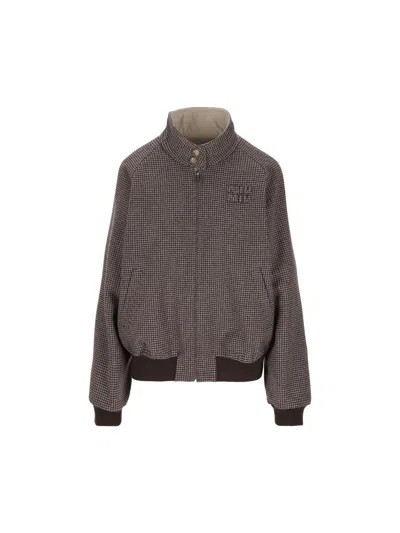 Miu Miu Reversible Houndstooth Check And Panama Cotton Blouson Jacket In Brown