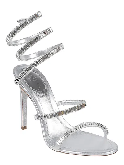 René Caovilla Metallic Leather Strass Snake Ankle Wrap Sandals In Silver