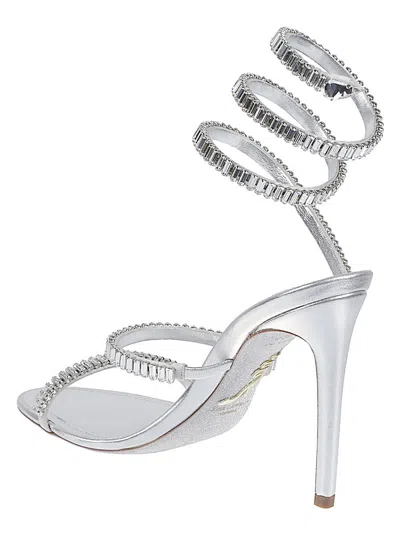 René Caovilla Metallic Leather Strass Snake Ankle Wrap Sandals In Silver