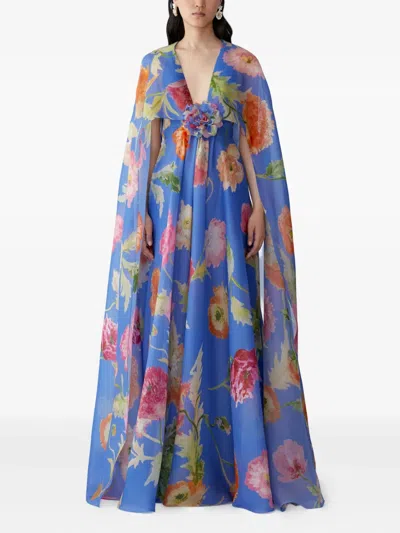 Carolina Herrera Poppy-print Organza Gown With Cape In Blue