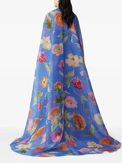 Carolina Herrera Poppy-print Organza Gown With Cape In Blue