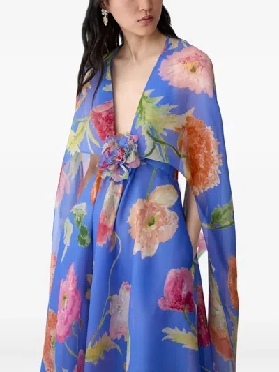Carolina Herrera Poppy-print Organza Gown With Cape In Blue
