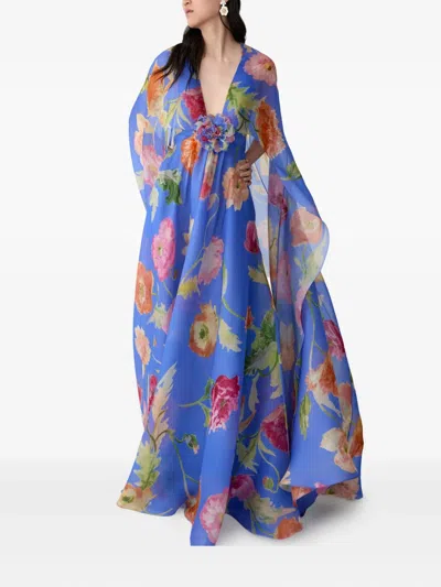 Carolina Herrera Poppy-print Organza Gown With Cape In Blue