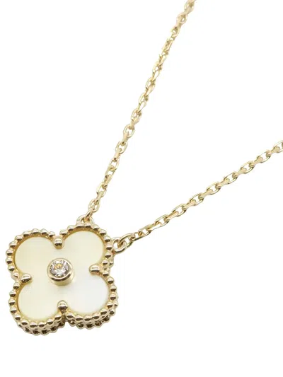 Pre-owned Van Cleef & Arpels 10s Alhambra Mother-of-pearl And Diamond Necklace In Gold