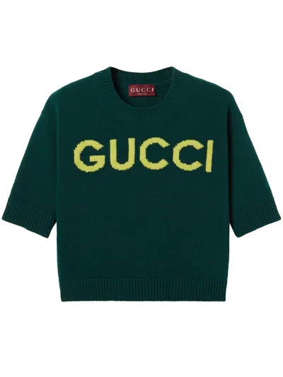 Gucci Women Wool Sweater With Frontal Logo Embroidery In Green