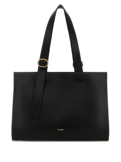 Jil Sander Black Shopping Rectangular Leather Tote In Black