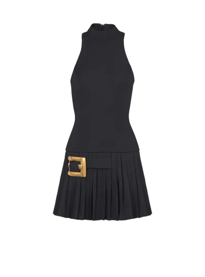 Balmain Flared Grain De Poudre Dress With Belt Detail In Black
