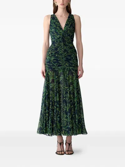 Carolina Herrera Olive Branch-print Gathered Midi Dress In Green