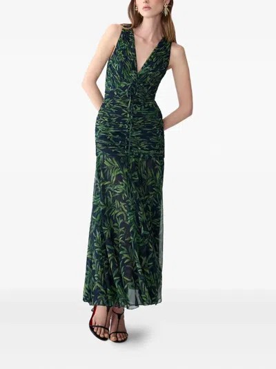 Carolina Herrera Olive Branch-print Gathered Midi Dress In Green