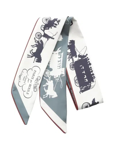 Pre-owned Hermes 2020s Twilly Paris Qui Roule Scarf In White