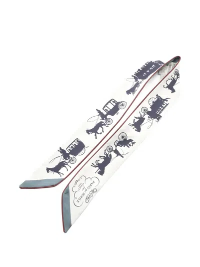 Pre-owned Hermes 2020s Twilly Paris Qui Roule Scarf In White