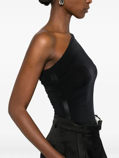 Wolford One Shoulder Ruched Long Sleeve Bodysuit In Black