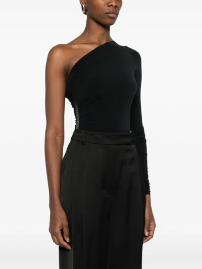 Wolford One Shoulder Ruched Long Sleeve Bodysuit In Black