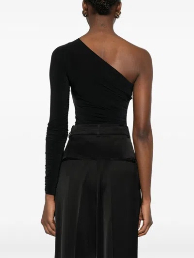 Wolford One Shoulder Ruched Long Sleeve Bodysuit In Black