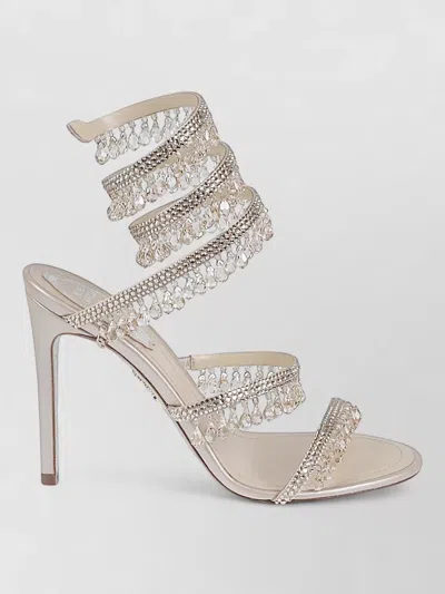 René Caovilla Sandal Heel Satin Straps Rhinestones Snakehead In Neutral