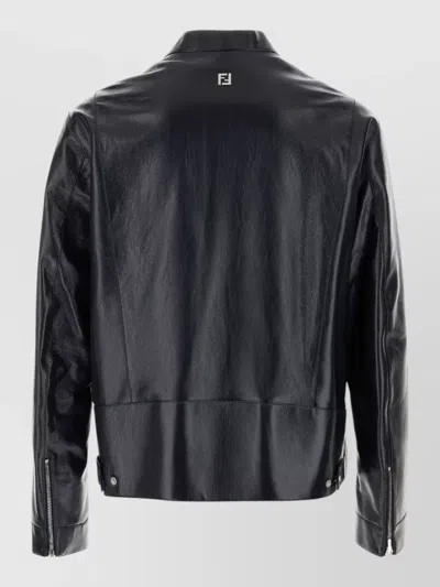 Fendi Leather Jacket Front Pockets Snap Button Cuffs In Black