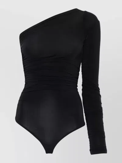 Wolford One Shoulder Ruched Long Sleeve Bodysuit In Black