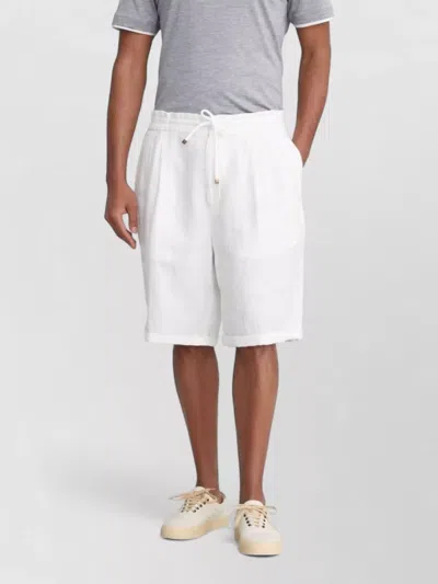 Brunello Cucinelli Garment Dyed Linen Gabardine Bermuda Shorts With Drawstring And Darts In White
