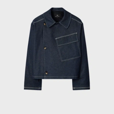 Ps By Paul Smith Denim Cotton-blend Cropped Asymmetric Jacket With Topstitching Blue