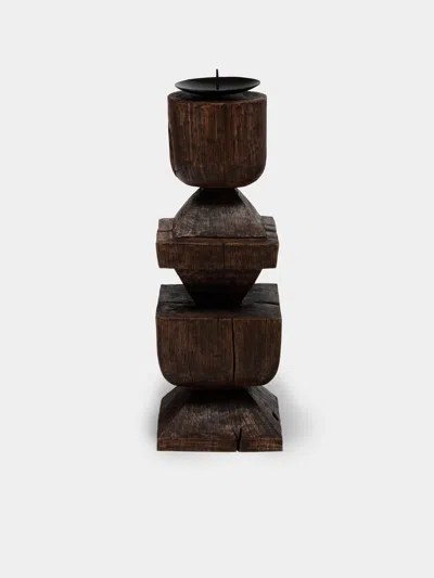 Jamie Gaunt Designs Totem Hand-carved Wood Candle Holder In Brown
