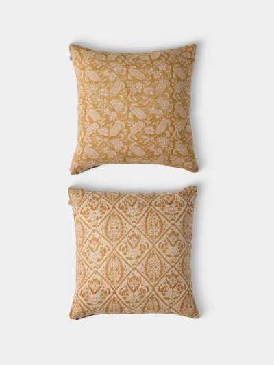 Chamois Block-printed Linen Cushions - 19.5in/50cm (set Of 2) In Brown