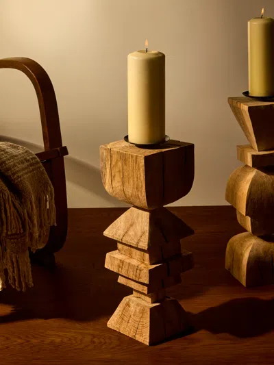 Jamie Gaunt Designs Totem Hand-carved Wood Candle Holder In Brown
